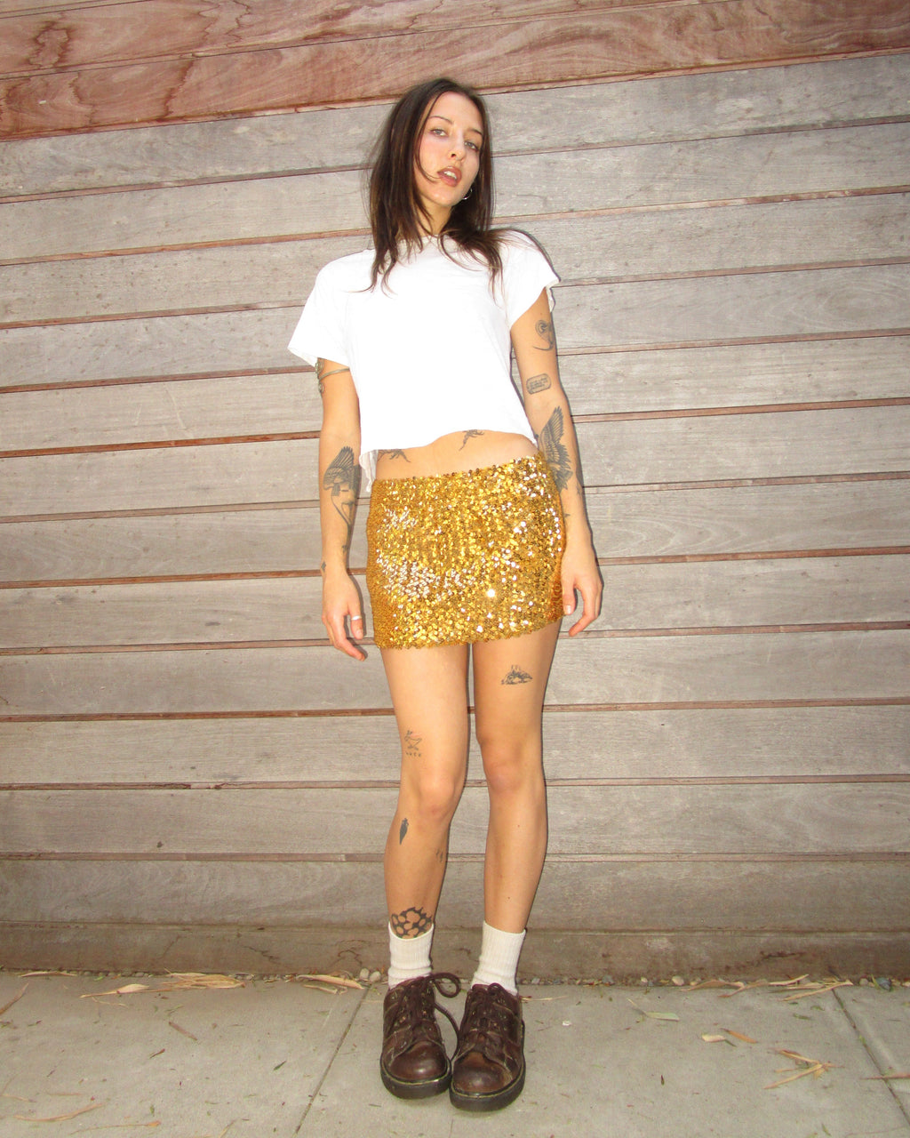 gold sequin tube top / mini skirt