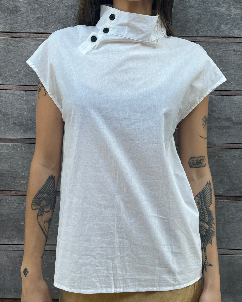 high neck asymmetrical button top
